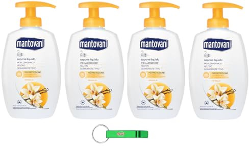 4x Mantovani Seife Sapone Liquido - Flüssigseife mit Vanille- Ideal für Hände und Gesicht 300ml + Beni Culinari Kostenloser Schlüsselanhänger