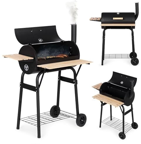 Grand barbecue de jardin avec thermomètre, cheminée, barbecue moderne sur roulettes, station de cuisson extérieure au charbon de bois robuste, fumoir et cuisinière d'extérieur