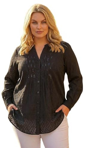 Roman Originals Pintuck Shirt for Women Ladies Jersey Blouse Collarless Top Flare Crinkle Notch Neck Tunic 3/4 Length Sleeve Longline Smart Casual Party Going Out - Noir Plus - Size 2224