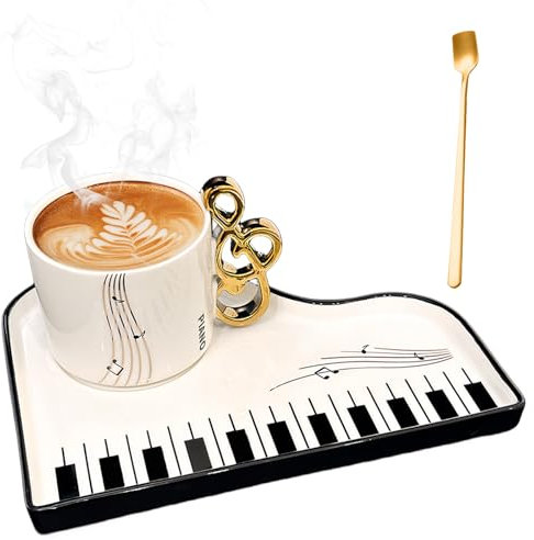 Behogan Kreative Klavier Kaffeetasse mit Unterteller und Löffel, 200ml Musiknoten Keramik Espressotassen, Mochatasse für Mutter freundin Geburtstag (Weiß)