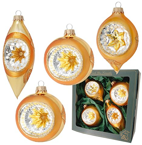 Krebs Glas Lauscha - Weihnachtsdekoration/Christbaumschmuck aus Glas - Reflex Weihnachtsbaumanhänger - Farbe: Gold - 4 Stück - Größe: ca. 9 cm