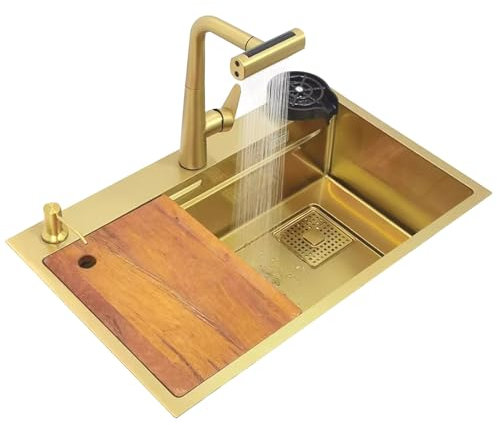 Fregadero De Acero Inoxidable Dorado Con Grifo Cascada – Fregadero Grande De Un Seno, De Montaje Bajo Encimera O Sobre Encimera, Para Lavar Verduras Y Platos(68 * 46 * 21cm)