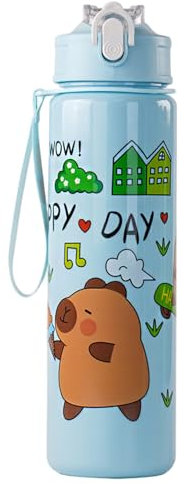 Yeory Botella de Agua de Capybara, 700 ml de Botella de Agua Kawaii con Paja, Tazas de Bebidas a Prueba de Fugas con Mango para Mujeres Deportes para Acampar de Caminata de Picnic, Azul