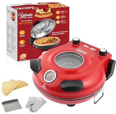 YIBAKE Electric-Pizza-Oven-Indoor, 1200W 31CM Pizza Maker, Red | Includes a Ceramic Pizza Stone, Dough Scraper, Pizza Peel & Oven Glove; Thermometer, Dual Temperature Control, Up to 420°C