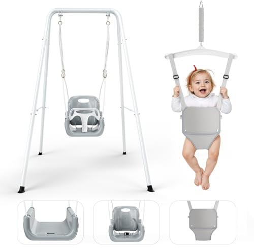 4-in-1 Toddler Swing, Kids Swing Set for Toddler with Baby Jumper for 6m to 6y, Premium Detachable Comfort Seat, Adjustable Height, Indoor/Garden/Outdoor (White)