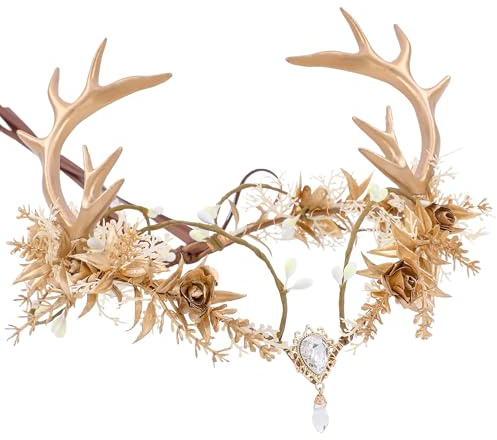 MOSTORY Geweih Kopfschmuck für Waldelfe Kostüm Damen, Elfe Krone mit Blumen und Edelsteine für Cosplay Karneval Blumenkranz Haare