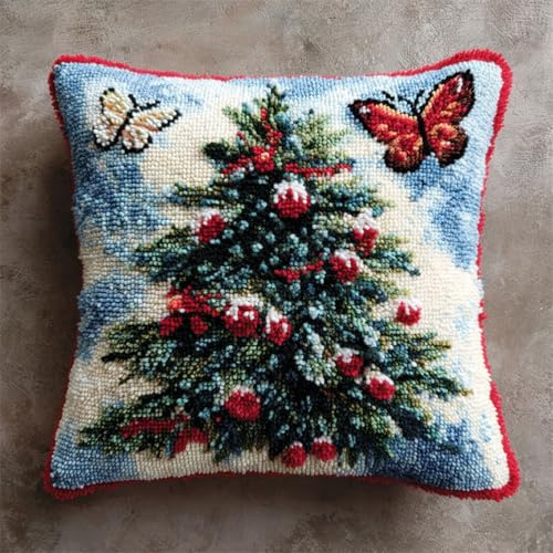 AxiangziK DIY Latch Hook Kits,Christmas Trees and Butterflies,Latch Hook Cushion,Crochet Kits Pillow DIY Handmade Cushion Crochet Yarn Embroidery Pillowcase,17x17in