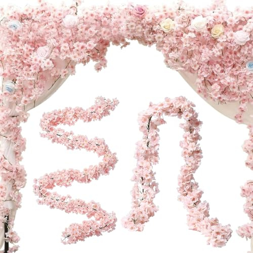 BAHME Pack de 3 Guirnaldas de Flores de Cerezo Artificiales de 5,4m, 405 Flores de Seda en Rosa Claro para Decoración de Techos, Jardín y Bodas, Enredaderas Artificiales con Anillo de Suspensión