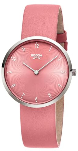 Boccia Titanium Damenuhr 3309-13 Titan 36 mm mit pinkem Zifferblatt, Quarz Armbanduhr mit Lederarmband rosa, ultraflach ca 7 mm, wasserdicht 3 bar, leicht und antiallergisch