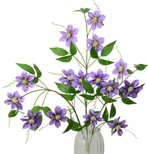 Wilafury Artificial Clematis Vine Stems, 4 Pcs Purple Flowers, 80cm Realistic Silk Flowers with Purple Blooms Clematis Vine for Vase, Home and Wedding Decor