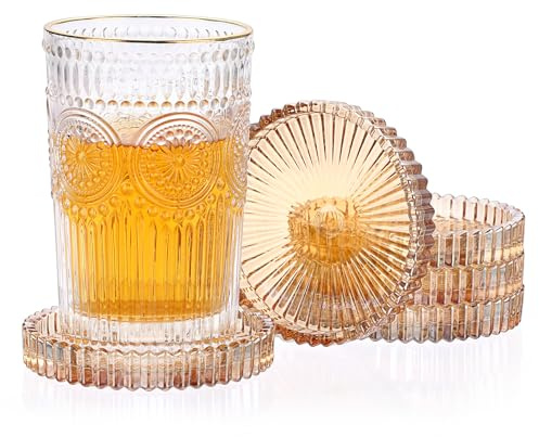 OLegei 5Pcs Modern Glass Coasters,Table Decor Drinks Mat for Hot Cold Amber