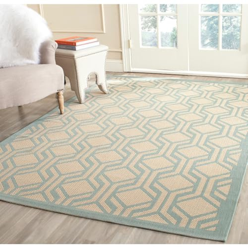SAFAVIEH Washable Rug Outdoor Courtyard Collection - 4' x 5'7, Beige & Aqua Blue, Non-Shedding & Easy Cleaning, Ideal for Patio, Backyard, Mudroom (CY6114-213)