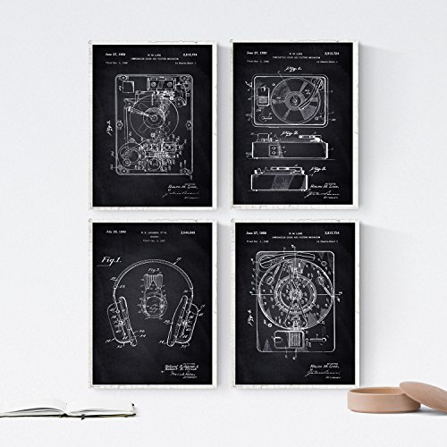 Nacnic SCHWARZ Drehscheibe Patent Poster 4er-Set. Vintage Stil Wanddeko von Plattenspieler, Kopfhörer und Alte Erfindungen. Verschiedene geometrische Küche Bilder ohne Rahmen. Größe A4.