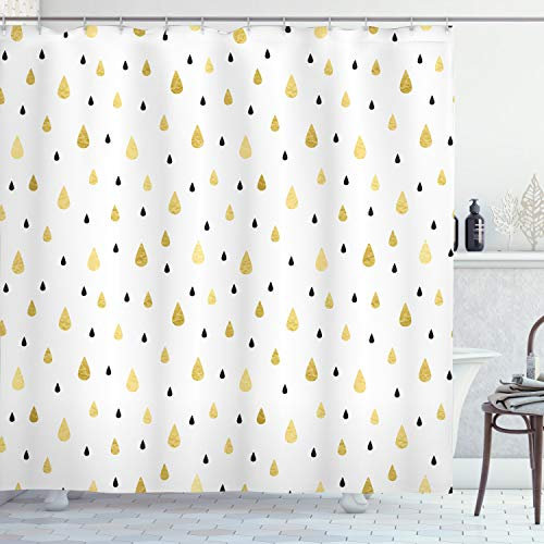 ABAKUHAUS Herbst Duschvorhang, Regentropfen Glimmer, Stoffliches Gewebe Badezimmerdekorationsset mit Haken, 175 x 220 cm, Mustard Schwarz Weiß