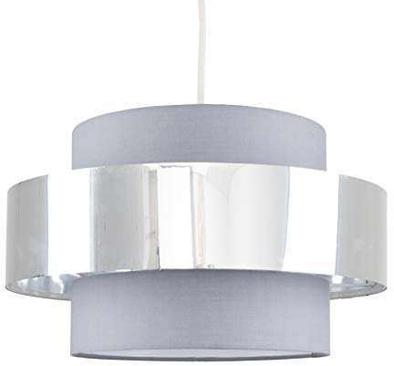 MiniSun | Modern Cylinder Ceiling Pendant Light Shade in a Grey & Chrome Effect Finish | Pendant Lights, Home Décor & Improvement Essential | 340mm Shade Width