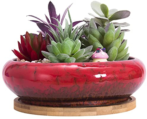 ARTKETTY 18,5 cm Rund Sukkulente Pflanzgefäße Töpfe Mit Drainageloch Bonsai Töpfe Garten Dekorative Kaktusständer Keramik Glasiert Kaktus Blumentöpfe Rot, Mit Bambusuntersetzer