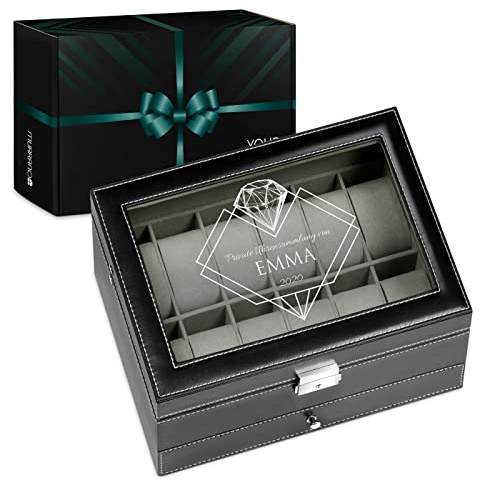 Maverton Uhrenbox mit Gravur für 12 Uhren & Schmuck - 30x20x13cm - Uhrenkasten aus Kunstleder - Schwarz - Geschenk für Damen - Private Uhrensammlung