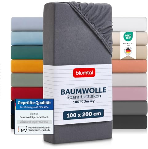Blumtal® Basics Spannbettlaken 100x200x30cm Jersey - Bettlaken aus 100% Baumwolle - Oeko-TEX zertifiziertes Spannbetttuch 100x200cm - Grau