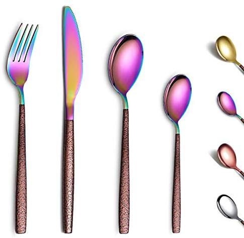Berglander Ménagères assorties 24 pièces avec poignée en surface de lune et placage de titane à tête arc-en-ciel brillant, ensemble de couverts colorés en acier inoxydable Service pour 6