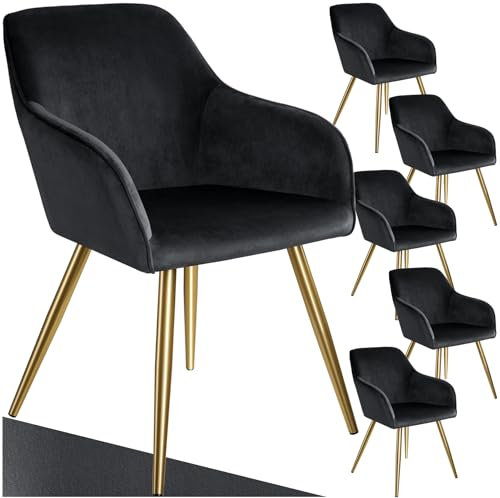 tectake 6er Set moderner Esszimmer Stuhl, Sitzfläche aus Samt, Armlehnstuhl, Sessel Wohnzimmer, gepolsterter Office Chair mit goldeden Metallbeinen, Schminktisch Stuhl - schwarz/Gold