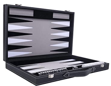 Engelhart - 250509 - Großes Luxus Backgammon 18 Zoll - 45 cm - Kunstleder & Filzeinlage - Perlmutt-Würfel & Spielsteine + 2 Becher - Strategiespiel - Profi & Freizeit