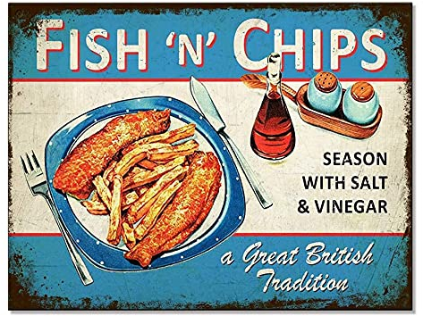Bang Tidy Clothing Metal Wall Art Quote Tin Plaque Signs - Vintage Style Home Lounge Dining Room Kitchen Bar Sign Gifts - Fish N Chips - 200mm x 150mm