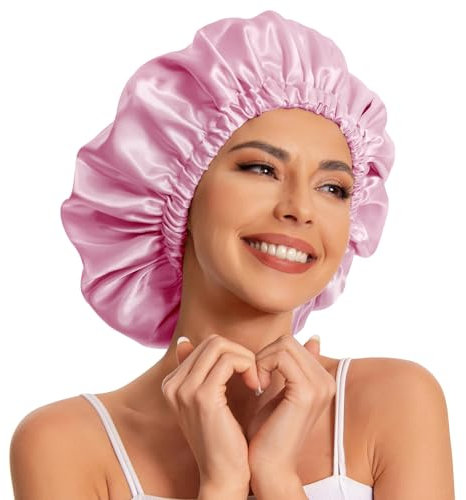 Satin-Haube, Seidenhaube, Haarhaube zum Schlafen, Slouchy, Satin-Schlafmütze für Damen, natürliches und lockiges Haar (Dunkelrosa)