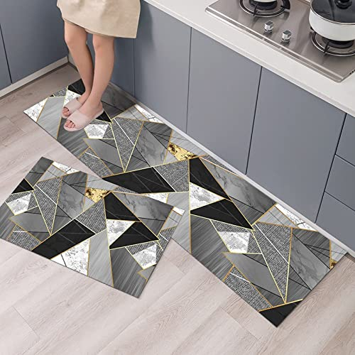 Hoimlm Lot de 2 Tapis de Cuisine antidérapants, Absorbe l'eau et l'huile, Résistant à la poussière Tapis de Cuisine,Tapis de Sol pour l'intérieur (Gris géométrique, 40 x 60 + 40 x 120 cm)