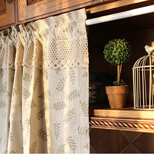 A.Monamour Gardine Scheibengardinen Kurzstores Baumwolle Leinen Grüne Blätter Blickdicht Beige Rustikal Landhausstil Kurzvorhang Kurzgardinen Küchengardine Küchenvorhang Küche Fenster Kurz Vorhang