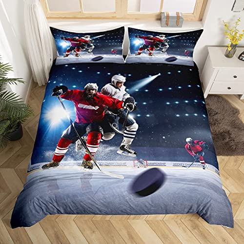 Homewish Ice Hockey Bedding Set Double Size Hockey Player Comforter Cover For Boys Teens Girls Sports Game Event Duvet Cover Youth Kids Soft Microfiber Winter Sports Bedroom Decotive 3Pcs