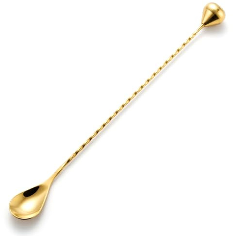Homestia 2-in-1 Muddler Bar Spoon, 12 Inch Cocktail Mixing Spoon, Gold | Stainless Steel Cocktail Stirrer, Bar Spoon with Muddler, Hevy Duty Long Spiral Handle Drink Stirrer for Bartending, Home Use