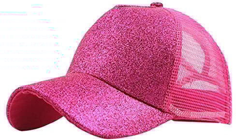 Orbgons Trucker-Pferdeschwanz-Kappe, Glitzer-Baseballmütze, Visier, einfarbige Brötchen, unordentliche Unisex-Baseballmützen Damen Cap La (Hot Pink, One Size)