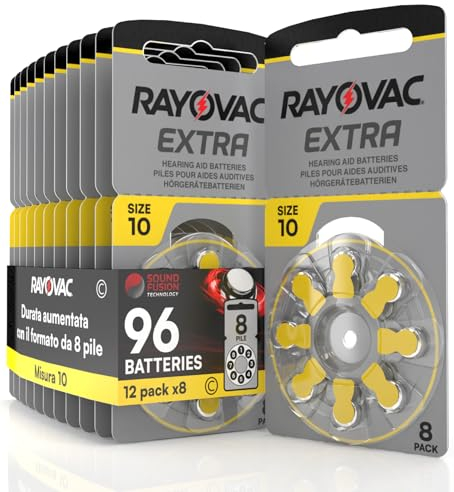 96 Hearing Aid Batteries Size 10 Rayovac (Yellow) PR70 Zinc-Air with Sound Fusion Technology - 12 Blisters of 8 Batteries