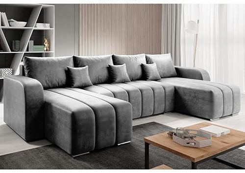 MODERNO Pufetto U-förmiges Ecksofa mit Schlaffunktion Bettzeugbehälter, Eckcouch Schlafsofa Wohnzimmer Schlafzimmer, Möbel Sofas & Couches, Sofa Schlafcouch Couch Velours Grau 86x320x147cm