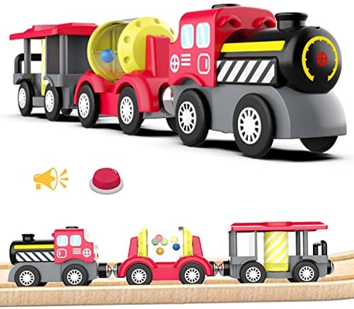 LiRiQi Holzeisenbahn Zug Elektrische, Eisenbahn Lok Kinder, Batteriebetriebener Lokomotivzug, Hohe Geschwindigkeit Spielzeug Kompatibel mit Brio Holzschienen, für Junge Mädchen