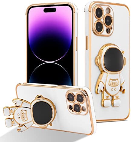 RALEAVO Compatible with iPhone 14 Pro Max (6.7) Case with Cute Astronaut Kickstand Design Shockproof Plating Phone Case for iPhone 14 Pro Max-White