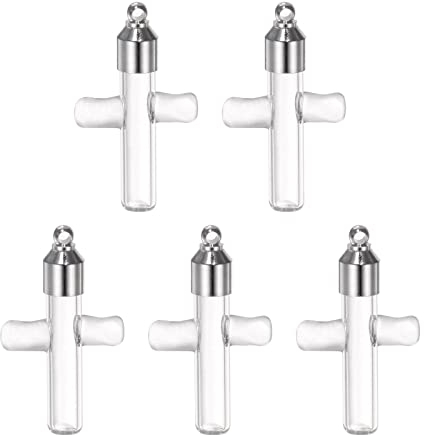sourcing map 5pcs Name on Rice Glass Vial Pendant 6mm Width Cross Shape Screw Cap Pendant Clear Vial Necklace Hanging Wish Bottles for Liquid Sand Ashes DIY Pendant Craft Souvenirs