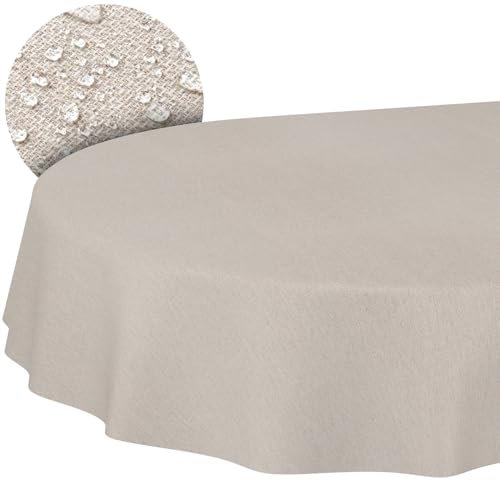 Stoff Tischdecke Textil Tischwäsche Tischtuch Baumwolle Polyester abwaschbar Uni Ornament Damast Jacquard Gewebe waschbar Beige Grau Oval 200x140cm Schnittkante