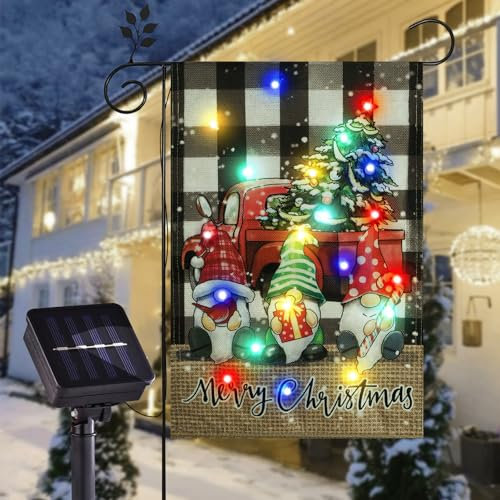Merry Christmas - Bandiera da giardino con luci a energia solare, 30,5 x 45,7 cm, con tre nani da cortile, decorazione per giardino di Natale con illuminazione solare, 30,5 x 45,7 cm, double face (tre
