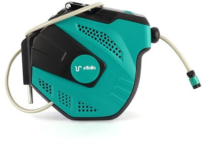 RR ITALIA DY607 | Avvolgitubo automatico da Giardino, autoriavvolgente – Include tubo flessibile 25 mt + tubo di ingresso 2 mt, pistola 7 getti + lancia regolabile, 2 acquastop, adattatore 1/2” e 3/4”