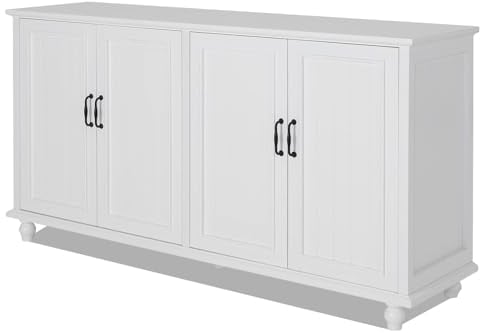 UEV Vintage Sideboard, 157x41x81cm, weiß, Kommode mit 4 Türen und verstellbare Ablagen, Aufbewarhungsschrank, Kücheschrank, Beistellschrank, Mehrzweckschrank für Wohnzimmer Schlafzimmer Flur