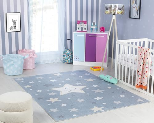 Livabliss Sterne Kinderteppich waschbar - Cartoon Teppich 160x213 cm, Sterne Teppich Kinderzimmer oder Babyzimmer, Waschbarer Krabbelteppich, Spielteppich - Baby Teppich für Jungen & Mädchen, Blau
