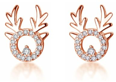 Cangall Silber Weihnachten Ohrringe Damen, 925 Sterling Silber Weihnachts Ohrstecker, 10mm Rose Gold Elch Ohrstecker, Hypoallergen Rose Gold Knorpel Schlafen Ohrstecker Weihnachtsschmuck zum Winter