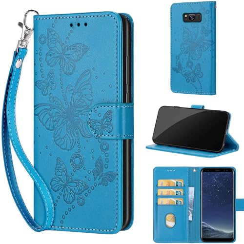Wallet for Samsung Galaxy S8 Case, Blue Butterfly | Embossed PU Leather, Folio Flip Notebook Wallet, Magnet Closure, Kickstand, 3 Card Slots, Wrist Strap Lanyard