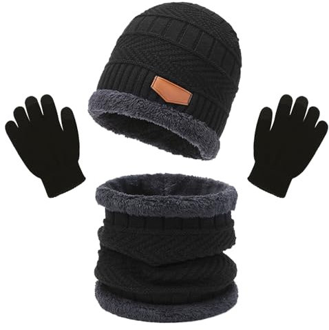 XNIVUIS 3 PCS Noir Garçons Ensemble Bonnet Écharpe Gant Ensemble Enfants Hiver Chaud Tricoté Bonnet Écharpe Polaire Tricoté Enfants Cache Cou Gants À Écran Tactile pour Garçons Filles 3-10 Ans (Noir)