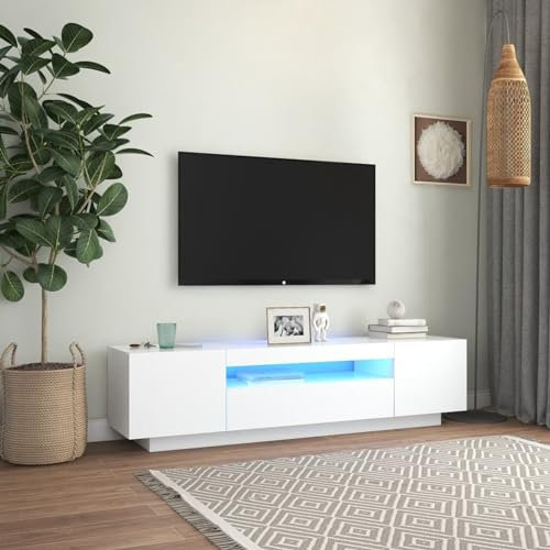 NITCA Porta TV con Luci LED, Televisore Soggiorno, Mobiletto TV Moderno in Legno #3, Bianco 160x35x40 cm