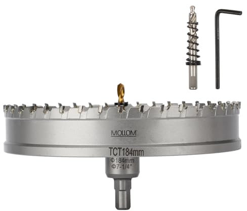 Mollom (184mm | 7-1/4) Scie cloche en carbure pour usage intensif avec 2 forets pilotes, coupe l'acier inoxydable, l'acier doux, le fer, le cuivre, le laiton et le plastique