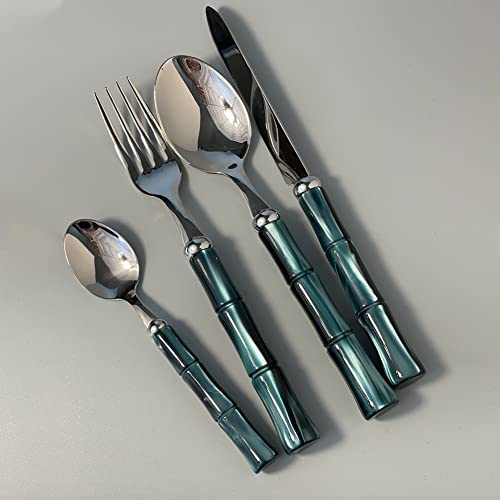 Set di posate in bambù, set di posate verdi da 4 pezzi in acciaio inossidabile 18/10 con manico in acrilico, set di posate da cucina per la casa - Realizzato a mano, lavabile in lavastoviglie (Verde