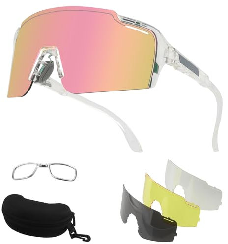 FOCUHUNTER Polarisierte Sport-Sonnenbrille für Männer Frauen, UV400 Radfahren Brillen für Baseball Laufen Radfahren Brille 4 Gläser (Klarer rosa Rahmen - randlos)