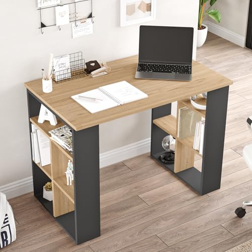 [en.casa] Escritorio de Ordenador Gändi con 2 Estanterías Mesa de Oficina Rectangular (90x60 cm) con 5-5 Compartimentos Abiertos Estudio Despacho Aglomerado 90 x 60 x 74 cm - Efecto Roble y Antracita